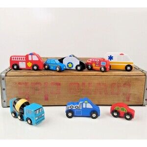 Lot of 9 Melissa And Doug Wooden Cars Police Car Fire Truck Ambulance